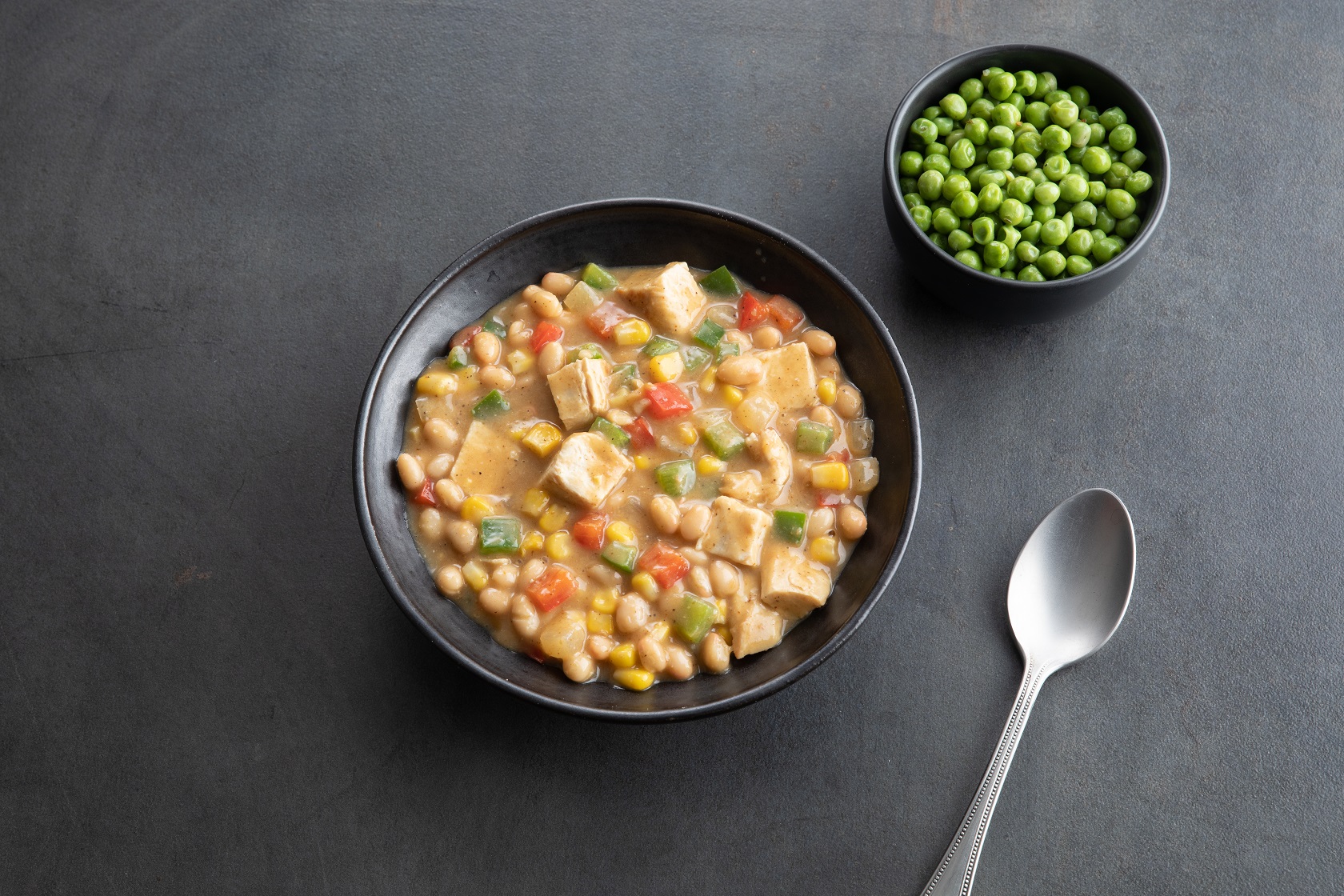White Chicken Chili with Beans and Seasoned Peas